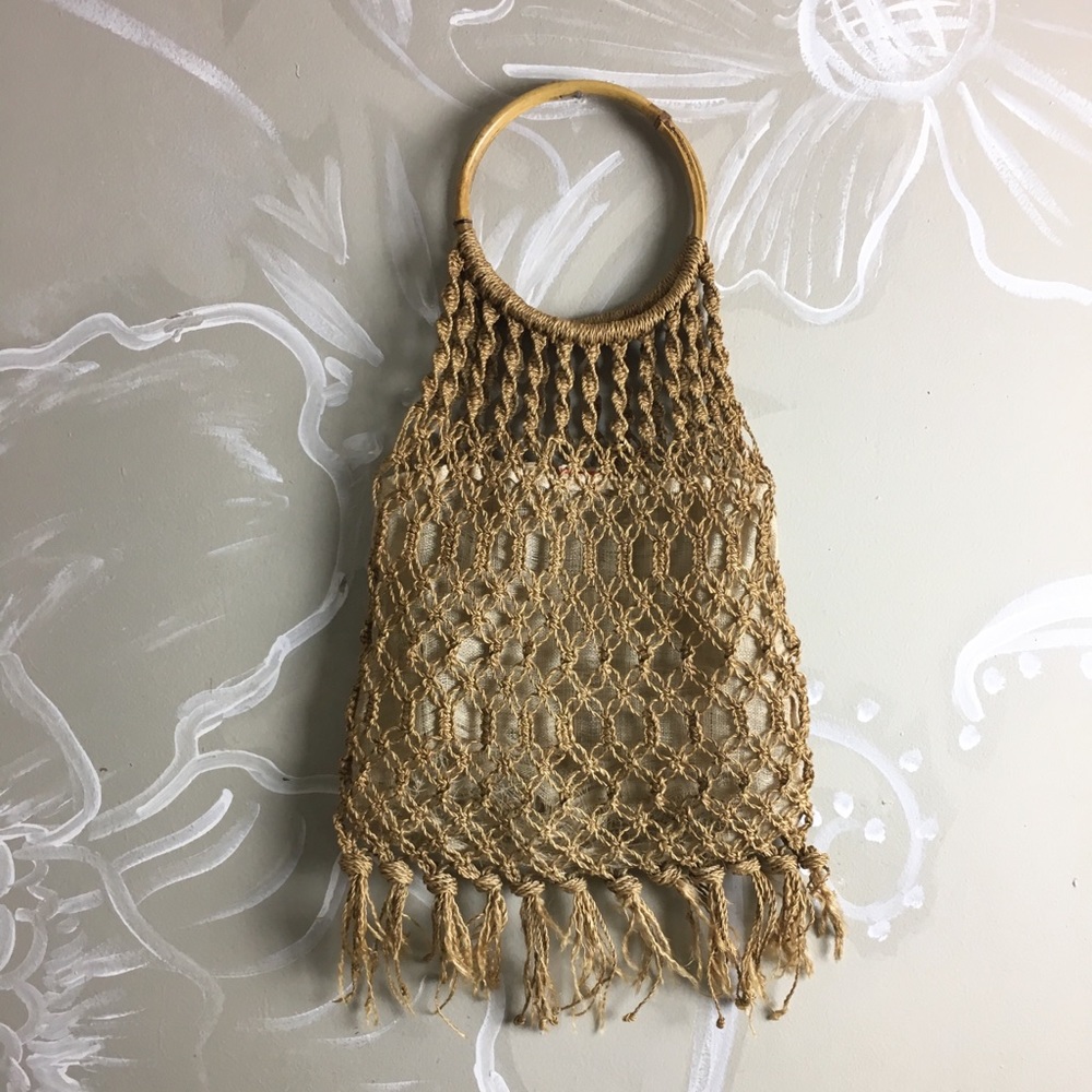 🌻Vintage 60s 70s Bamboo Straw Macrame Bag Tote